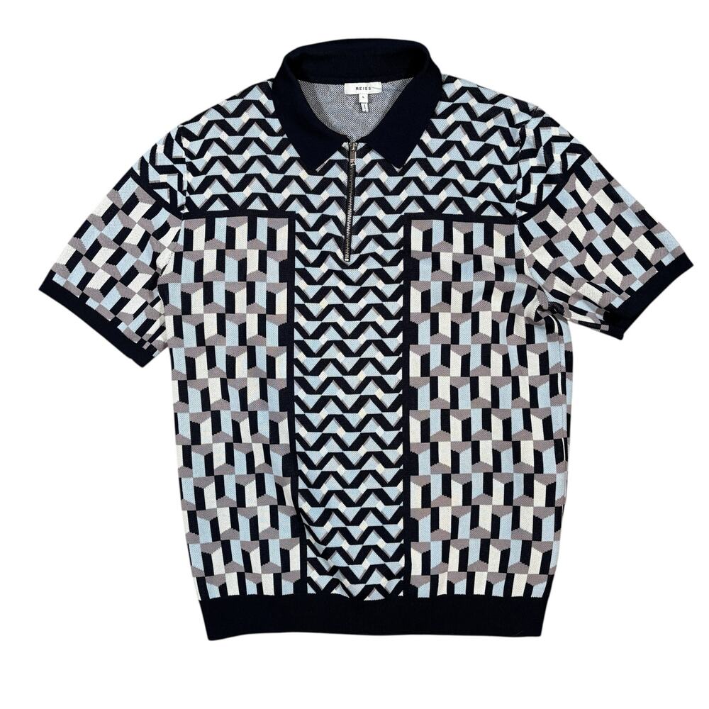 REISS GEOMETRIC PATTERN ZIP UP KNIT POLO SIZE LARGE